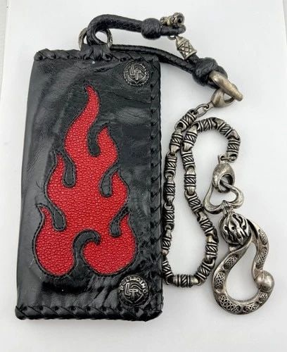 DENIS POLLICINO LT STERLING SILVER FLAMES BIKER WALLET CHAIN LEATHER STINGRAY (1 of 2)