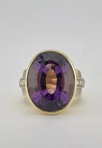 DESIGNER WEBSTER 18K YELLOW GOLD FANCY CUT OVAL AMETHYST & DIAMOND RING 16.3G (1 of 2)