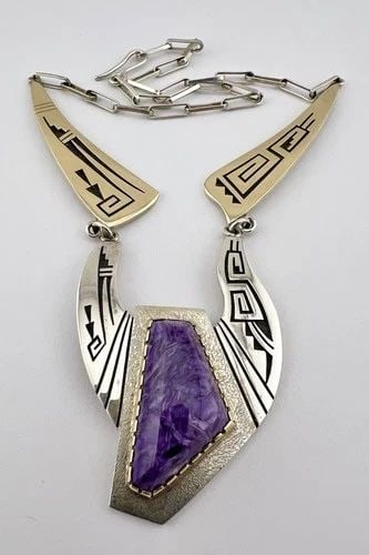 RARE PHILBERT POSEYESVA HOPI STERLING SILVER 14K GOLD CHAROITE OVERLAY NECKLACE (1 of 2)