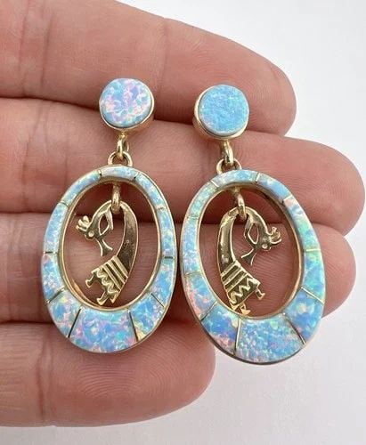 RICK TOLINO NAVAJO 14K YELLOW GOLD FLUSH FIRE OPAL KOKOPELLI DANGLE EARRINGS 15G: RICK TOLINO NAVAJO 14K YELLOW GOLD FLUSH FIRE OPAL KOKOPELLI DANGLE EARRINGS 15G Vtg Rick Tolino Navajo 14k Yellow Gold Flush Fire Opal Kokopelli Dangle Earrings 15g Size: Over 1 1/2" Tall & 3/4" Wide