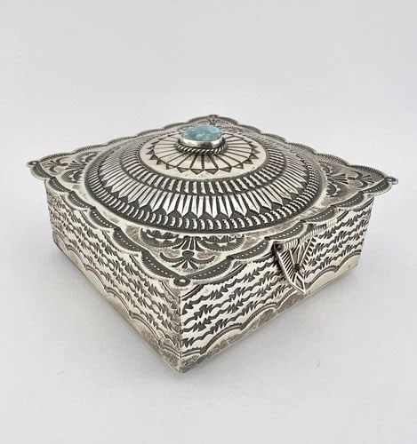 VTG NAVAJO SUNSHINE REEVES STERLING SILVER SPIDERWEB TURQUOISE STAMPED BOX #1 (1 of 2)