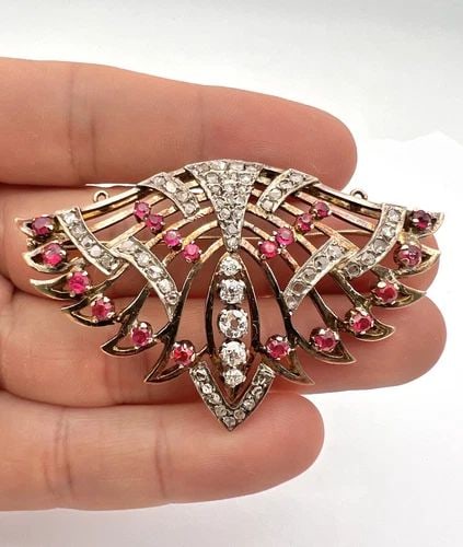 ANTIQUE VICTORIAN GOLD 3.00TCW ROSE CUT DIAMOND & RUBY BROOCH PENDANT 17.2G (1 of 2)