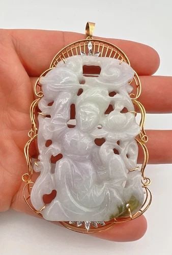 VTG 3.75" 14K YELLOW GOLD GREEN LAVENDER WHITE JADE GUAN YIN DIAMOND PENDANT 57G (1 of 2)