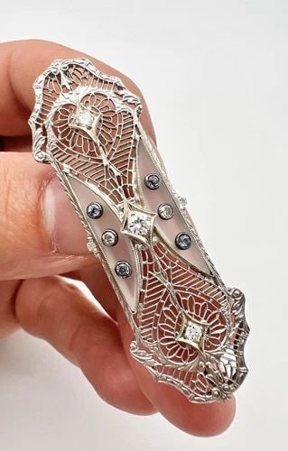 ANTIQUE ART DECO 14K GOLD & PLATINUM SAPPHIRE & DIAMOND & ROCK QUARTZ BROOCH PIN (1 of 2)