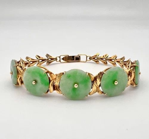 ANTIQUE CHINESE 14K YELLOW GOLD NATURAL GREEN APPLE JADE DISK BRACELET 14.2G (1 of 2)
