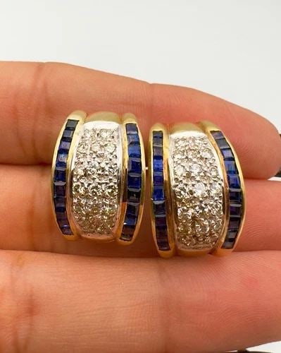 14K YELLOW GOLD CHANNEL SET BAGUETTE SAPPHIRE & DIAMOND OMEGA BACK POST EARRINGS (1 of 2)