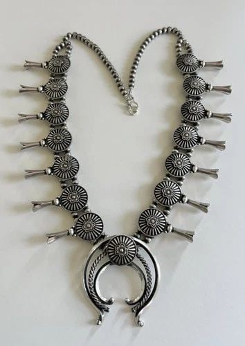 DERRICK GORDON NAVAJO STERLING SILVER STAMPED CONCHO SQUASH BLOSSOM NECKLACE (1 of 2)