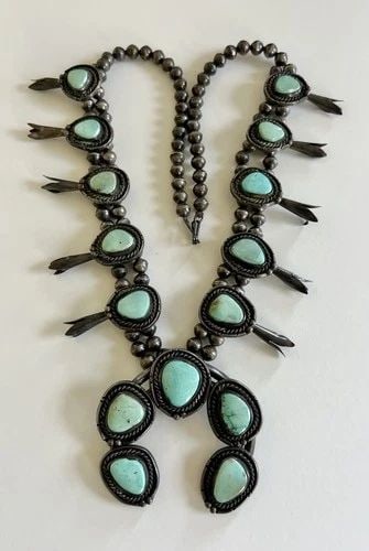 VTG NAVAJO STERLING SILVER ROYSTON TURQUOISE SQUASH BLOSSOM NECKLACE 25.5"- 197G: Vtg OLD PANW Navajo Sterling Silver Royston Turquoise Squash Blossom Necklace 25.5"- 197.6g This Amazing necklace features huge specimens of Natural High-Grade Royston Turquoise, secure in a Smooth be