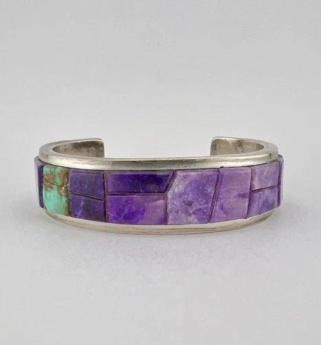 VTG MICHAEL GARCIA NA NA PING STERLING SILVER SUGILITE & TURQUOISE BRACELET 87G: VTG MICHAEL GARCIA NA NA PING STERLING SILVER SUGILITE & TURQUOISE BRACELET 87G RARE Vintage Michael Garcia Na Na Ping Sterling Silver Sugilite & Turquoise Bracelet 87g Cuff is 5 1/2" tip to Tip and h