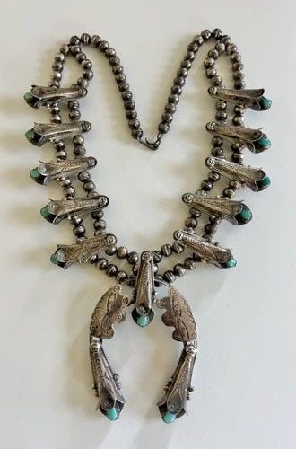 VTG NAVAJO STERLING SILVER FOX TURQUOISE STAMPED SQUASH BLOSSOM NECKLACE 25.5": Vtg Navajo Sterling Silver Fox Turquoise Stamped Squash Blossom Necklace 25.5" This Amazing necklace features huge specimens of Natural High-Grade Fox Turquoise, secure in a Smooth bezel, and Inside a