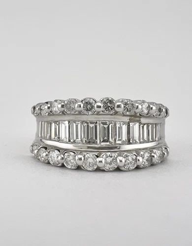 DESIGNER 18K WHITE GOLD 1.50TCW APPX ROUND & EMERALD CUT DIAMOND RING: DESIGNER 18K WHITE GOLD 1.50TCW APPX ROUND & EMERALD CUT DIAMOND RING Designer 18k White Gold 1.50tcw Appx Round & Emerald Cut Diamond Ring Ring Size: 7.5 - Can be Resized Metal: 18k White Gold - Hall