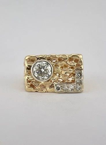 VINTAGE RETRO 14K YELLOW GOLD ROUND .65CT DIAMOND CHUNKY NUGGET MEN’S RING 8.6G (1 of 2)