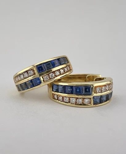 FINE 14K YELLOW GOLD CHANNEL SET BAGUETTE SAPPHIRE & DIAMOND HOOP POST EARRINGS (1 of 2)