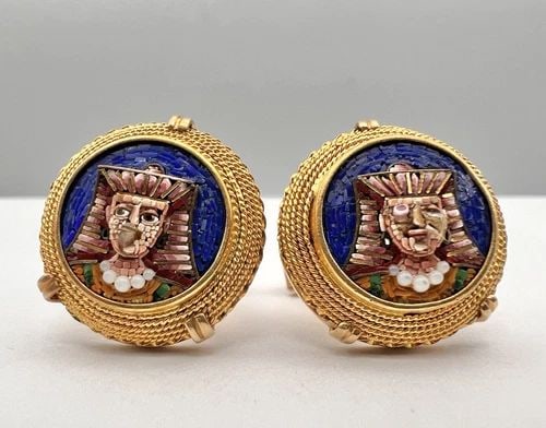 VICTORIAN 14K & HIGH KT YELLOW GOLD MICRO-MOSAIC KING TUT EGYPTIAN CUFFLINKS (1 of 2)