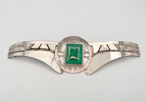404G MASSIVE 15" NAVAJO ANDY MARION STERLING SILVER MALACHITE SHIELD BELT BUCKLE (1 of 2)