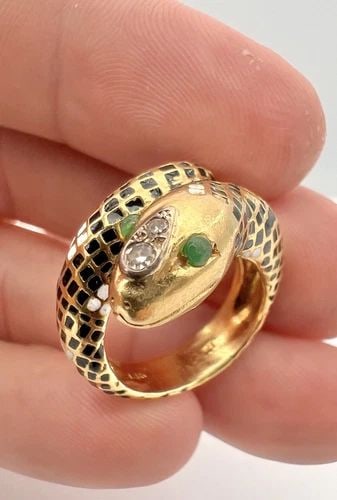 ANTIQUE 14K YELLOW GOLD ENAMEL & DIAMOND COILED SNAKE SERPENT WRAPPED RING 11.4G (1 of 2)