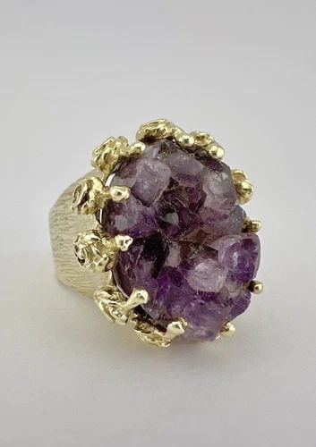 VTG MODERNIST BRUTALIST 14K YELLOW GOLD RAW FORM PURPLE AMETHYST GEODE RING 17G (1 of 2)