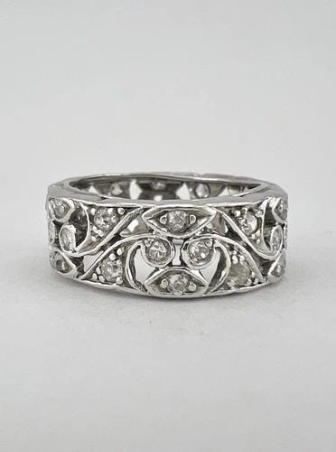 ANTIQUE ART DECO PLATINUM OLD ROSE CUT DIAMOND ETERNITY FILIGREE WIDE BAND RING: ANTIQUE ART DECO PLATINUM OLD ROSE CUT DIAMOND ETERNITY FILIGREE WIDE BAND RING Antique Art Deco Platinum Old Rose Cut Diamond Eternity Filigree WIDE Band Ring Ring Size: 5.75 Range & is 7.25mm Wide M