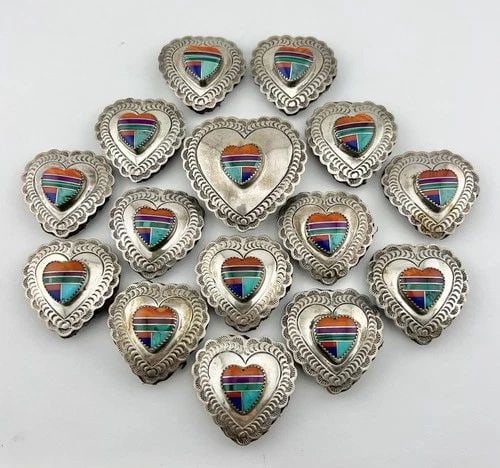 VTG NAVAJO STERLING SILVER FLUSH MULTI GEMS 15 STAMPED HEART CONCHO BELT 220G (1 of 2)