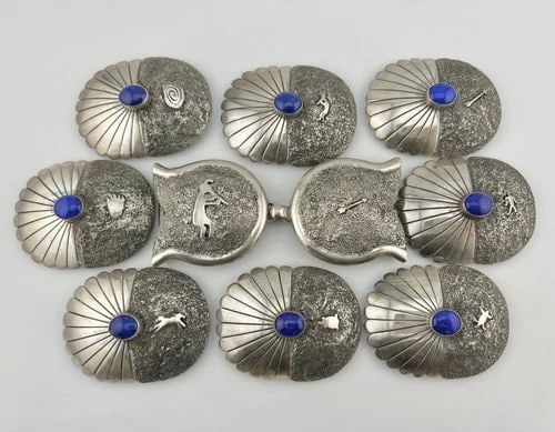 FOSTER YAZZIE NAVAJO STERLING SILVER LAPIS LAZULI PETROGLYPH CONCHO BELT 376.5G (1 of 2)