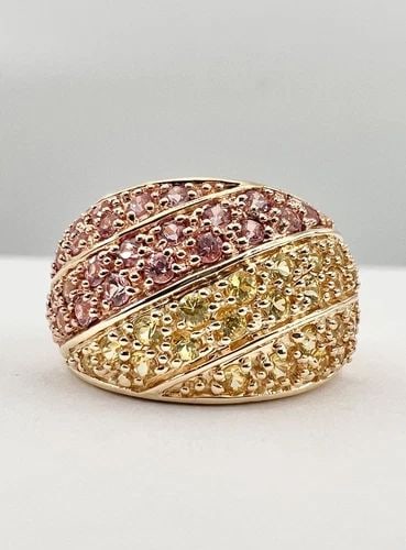 DESIGNER NTF 14K YELLOW GOLD 2.25TCW PAVE' PINK & YELLOW SAPPHIRE 15MM DOME RING: DESIGNER NTF 14K YELLOW GOLD 2.25TCW PAVE' PINK & YELLOW SAPPHIRE 15MM DOME RING Designer NTF 14K Yellow Gold 2.25tcw Pave' Pink & Yellow Sapphire 15mm Dome Cluster Ring Size: 7.75 Can be Resized With