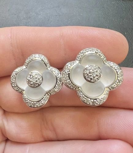 DESIGNER 18K WHITE GOLD ROCK QUARTZ DIAMOND FLOWER OMEGA BACK EARRINGS (1 of 2)