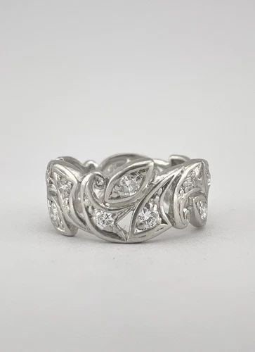 ANTIQUE ART NOUVEAU PLATINUM OLD ROSE CUT DIAMOND ETERNITY FILIGREE BAND RING: ANTIQUE ART NOUVEAU PLATINUM OLD ROSE CUT DIAMOND ETERNITY FILIGREE BAND RING Antique Art Nouveau Platinum Old Rose Cut Diamond Eternity Filigree Band Ring Ring Size: 5.25 Range & is 7.5mm Wide Metal: