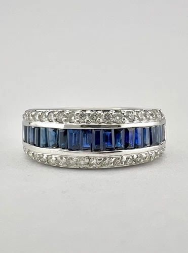DESIGNER 14K WHITE GOLD CHANNEL SET BAGUETTE BLUE SAPPHIRE & DIAMOND BAND RING: DESIGNER 14K WHITE GOLD CHANNEL SET BAGUETTE BLUE SAPPHIRE & DIAMOND BAND RING Designer 14k White Gold Channel Set Baguette Blue Sapphire & Diamond Band Ring Size: 7.25 - Can be Resized With Out Damag
