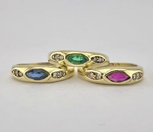 3 - ANTIQUE 14K YELLOW GOLD EMERALD & SAPPHIRE & RUBY DIAMOND STACKING BAND RING (1 of 2)