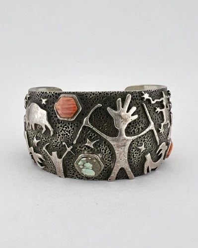 VTG DANNY ROMERO YAQUI STERLING SILVER MULTI GEM PICTOGRAPH CUFF BRACELET 125.7G (1 of 2)