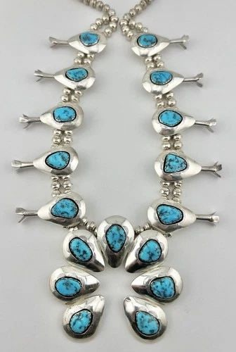 NAVAJO STERLING SLEEPING BEAUTY TURQUOISE SHADOWBOX SQUASH BLOSSOM NECKLACE 25": NAVAJO STERLING SLEEPING BEAUTY TURQUOISE SHADOWBOX SQUASH BLOSSOM NECKLACE 25" Vintage Navajo Sterling Silver Sleeping Beauty Turquoise Shadowbox Squash Blossom Necklace 25" This Amazing necklace fea