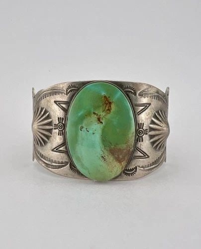 VTG FRED HARVEY NAVAJO STERLING SILVER ROYSTON TURQUOISE STAMPED CUFF BRACELET (1 of 2)