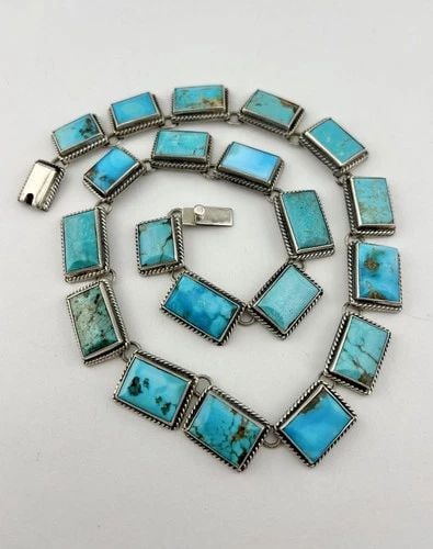 FEDERICO JIMENEZ STERLING SILVER KINGMAN TURQUOISE SLAB LINK NECKLACE 19"-105.8G (1 of 2)