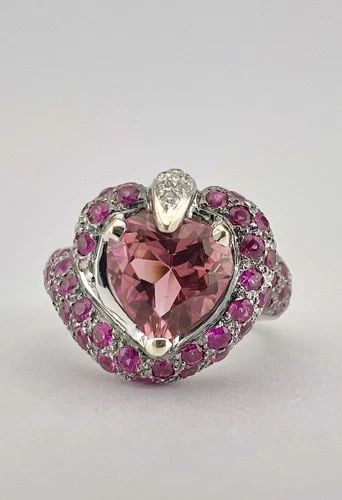 LEVIAN 14K WHITE GOLD HEAR SHAPED PINK TOURMALINE & RUBY & DIAMOND RING: LEVIAN 14K WHITE GOLD HEAR SHAPED PINK TOURMALINE & RUBY & DIAMOND RING and 14k White Gold Hear Shaped Pink Tourmaline & Ruby & Diamond Ring Size: 4.75 - Can be Resized Weight is 7.5 Grams on my scale