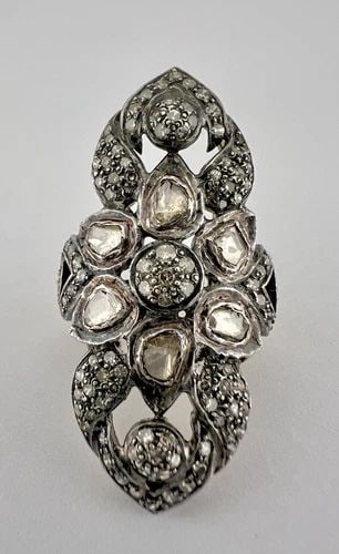ANTIQUE 14K-18K YELLOW GOLD & SILVER TOP ROSE CUT POLKI DIAMOND NAVETTE RING: Antique 14k -18k Yellow Gold & Silver Top Rose Cut Polki Diamond Navette Ring Size: 5.5 - Can Be Resized Total Weight is 8.2 Grams on my scale Metal: 14k-18k Yellow Gold & Silver - Tested Amazing Old 