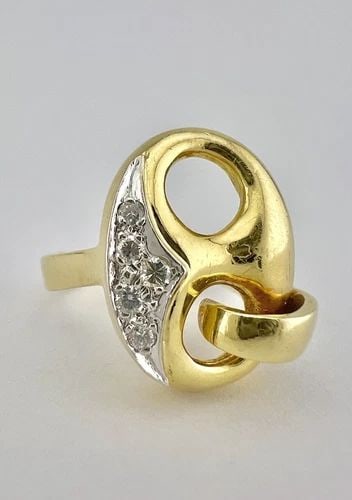 DESIGNER 18K YELLOW GOLD & DIAMOND PUFFED ANCHOR MARINER SIGNET WOMEN'S RING: DESIGNER 18K YELLOW GOLD & DIAMOND PUFFED ANCHOR MARINER SIGNET WOMEN'S RING Designer 18K Yellow Gold & Diamond Puffed Anchor Mariner Signet Women's Ring Ring Size: 5.5 - Can Be Resized Metal: 18k Yel