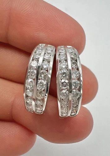 DESIGNER 14K WHITE GOLD 1.50CT APPROX. CHANNEL SET DIAMOND POST HOOP EARRINGS (1 of 2)