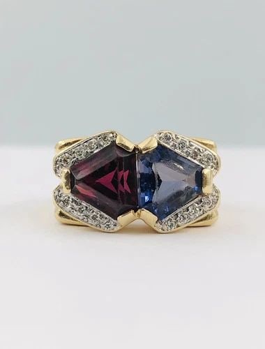 DESIGNER 14K YELLOW GOLD NATURAL RHODOLITE GARNET & TANZANITE & DIAMOND RING (1 of 2)