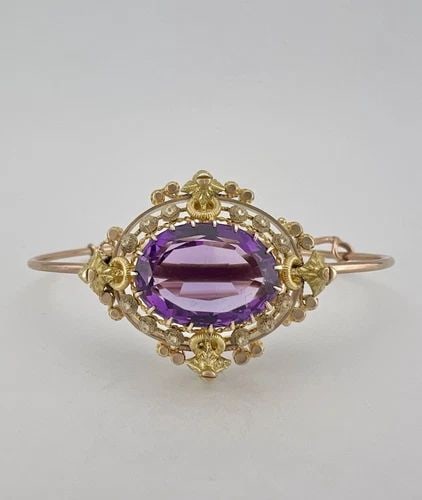 ANTIQUE VICTORIAN ETRUSCAN 14K GOLD OLD OVAL CUT AMETHYST BANGLE BRACELET 11.6G: ANTIQUE VICTORIAN ETRUSCAN 14K GOLD OLD OVAL CUT AMETHYST BANGLE BRACELET 11.6G Antique Victorian Etruscan 14k Gold Old Oval Cut Amethyst Bangle Bracelet 11.6g Wearable Length is Around 6.25" - 6 3/4"