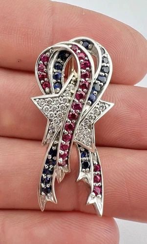 DESIGNER A. JAFFE 18K WHITE GOLD DIAMOND & RUBY & SAPPHIRE STAR RIBBON PENDANT (1 of 2)