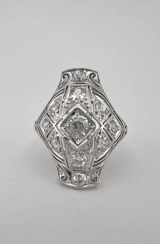 ANTIQUE ART DECO PLATINUM & OLD MINE CUT DIAMOND ENGRAVED FILIGREE RING: ANTIQUE ART DECO PLATINUM & OLD MINE CUT DIAMOND ENGRAVED FILIGREE RING Antique Art Deco Platinum & Old Mine Cut Diamond Engraved Filigree Ring Ring Size: 7.5 - Can Be Sized Without Damaging Weight is