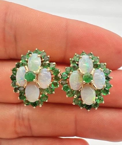 DESIGNER 14K YELLOW GOLD FIRE OPAL & EMERALD CLUSTER OMEGA BACK POST EARRINGS (1 of 2)