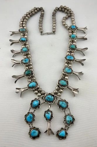 VTG NAVAJO STERLING SILVER ROYSTON TURQUOISE SQUASH BLOSSOM NECKLACE 194G -28": VTG NAVAJO STERLING SILVER ROYSTON TURQUOISE SQUASH BLOSSOM NECKLACE 194G -28" Vtg Navajo Sterling Silver Royston Turquoise Squash Blossom Necklace 194g -28" This Amazing necklace features huge specim