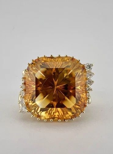 HUGE DESIGNER 14K YELLOW GOLD 26CT FANCY CUT ASSCHER CUT CITRINE & DIAMOND RING: HUGE DESIGNER 14K YELLOW GOLD 26CT FANCY CUT ASSCHER CUT CITRINE & DIAMOND RING HUGE Designer 14K Yellow Gold 26ct Fancy Cut Asscher Cut Citrine & Diamond Ring Size: 8.25- Can be Resized With Out Dama