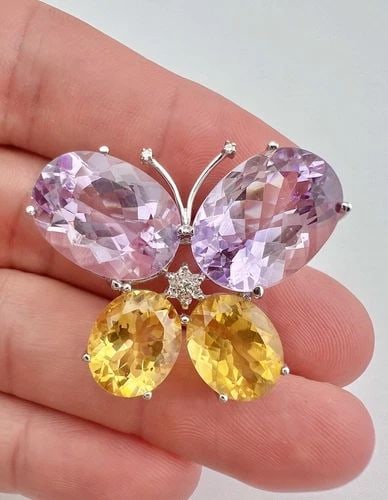 JOHN C RINKER 14K WHITE GOLD KUNZITE? & CITRINE & DIAMOND BUTTERFLY PIN BROOCH (1 of 2)