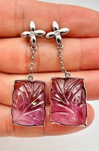 DESIGNER 14K WHITE GOLD DIAMOND & CARVED AMETHYST DANGLE FLOWER EARRINGS 13.2G (1 of 2)