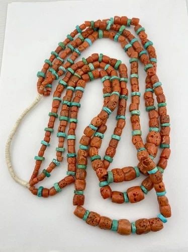 HUGE 254.5G OLD SANTO DOMINGO KEWA CORAL & TURQUOISE HEISHI 3 STAND NECKLACE 33": HUGE 254.5G OLD SANTO DOMINGO KEWA CORAL & TURQUOISE HEISHI 3 STAND NECKLACE 33" MASSIVE 254.5g Old Santo Domingo Kewa RED Coral & Turquoise Heishi 3 Stand Necklace 33" Size: Around 33" Long - No Clas