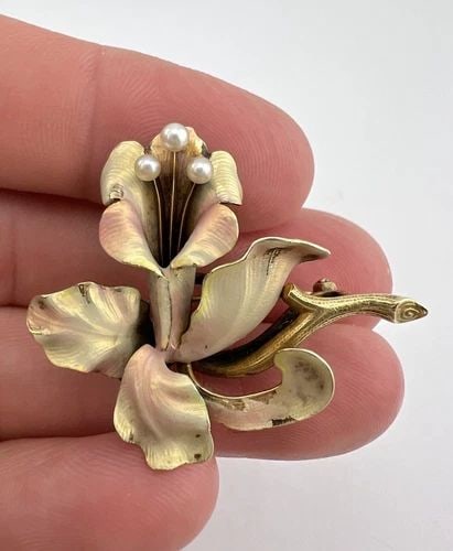 ANTIQUE ART NOUVEAU 14K YELLOW GOLD SEED PEARL ENAMEL IRIS FLOWER BROOCH 11.2G (1 of 2)