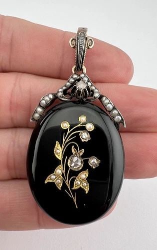 VICTORIAN 14K GOLD & SILVER ROSE CUT DIAMOND & SEED PEARL PHOTO LOCKET PENDANT (1 of 2)
