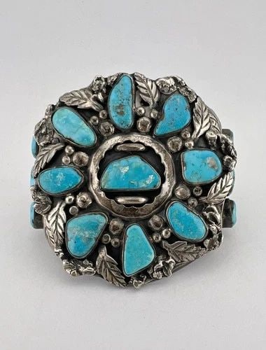 HUGE 143.8G VTG NAVAJO STERLING SILVER BLUE GEM TURQUOISE CLUSTER CUFF BRACELET (1 of 2)